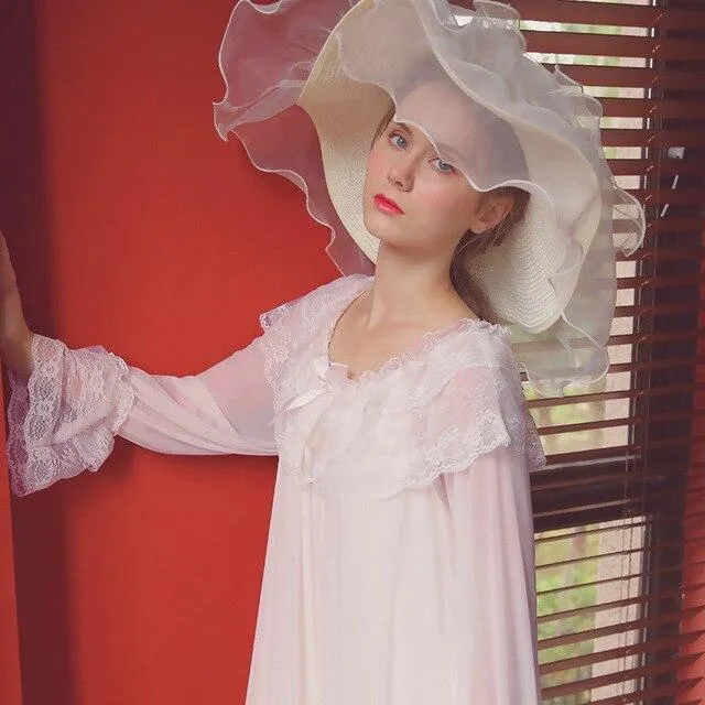 2018 Autumn New Pink White Purple Vintage Nightgown Women Princess Sweet Mesh Retro Court Nightdress Modal Home Dress Female