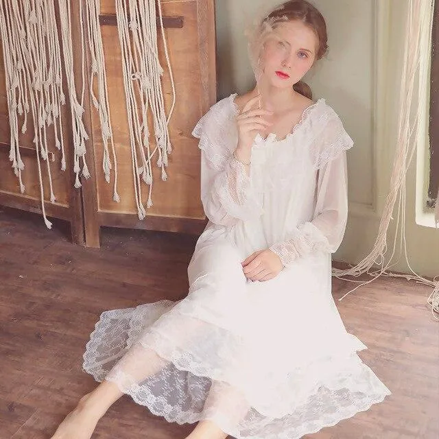 2018 Autumn New Pink White Purple Vintage Nightgown Women Princess Sweet Mesh Retro Court Nightdress Modal Home Dress Female