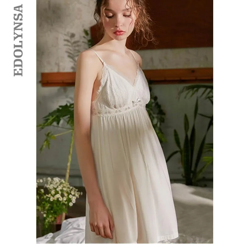2019 Vintage Sleepwear Sexy Spaghetti Strap Open Back Women Home Wear Night Dress White Cotton Nightgown Ladies Nightwear T524
