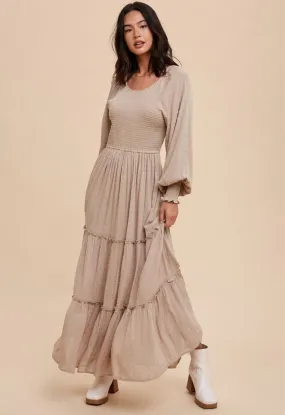 Almond Swiss Dot Smocked Maxi Dress