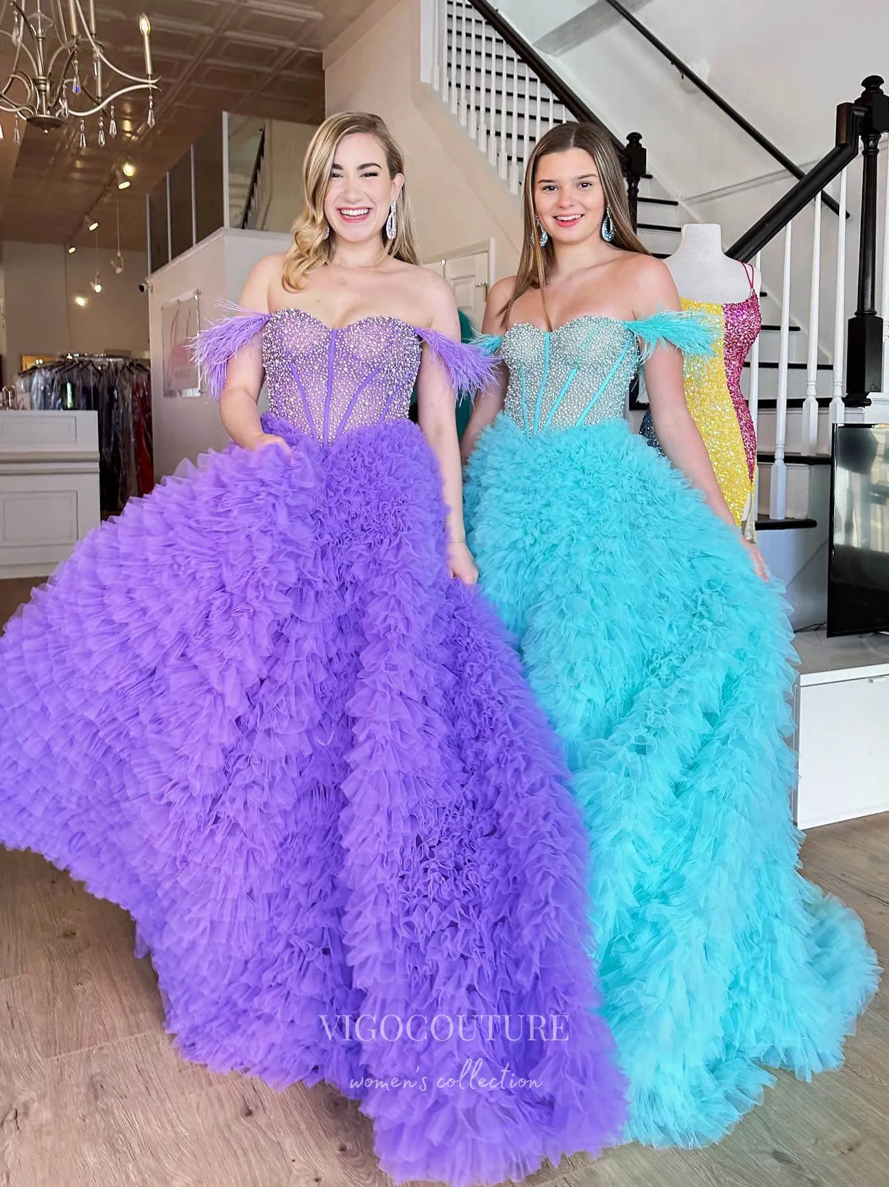 Beaded Ruffled Tulle Prom Dresses with Slit Off the Shoulder Formal Gown 22178