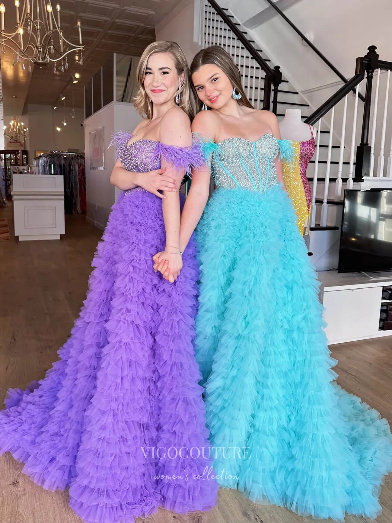 Beaded Ruffled Tulle Prom Dresses with Slit Off the Shoulder Formal Gown 22178