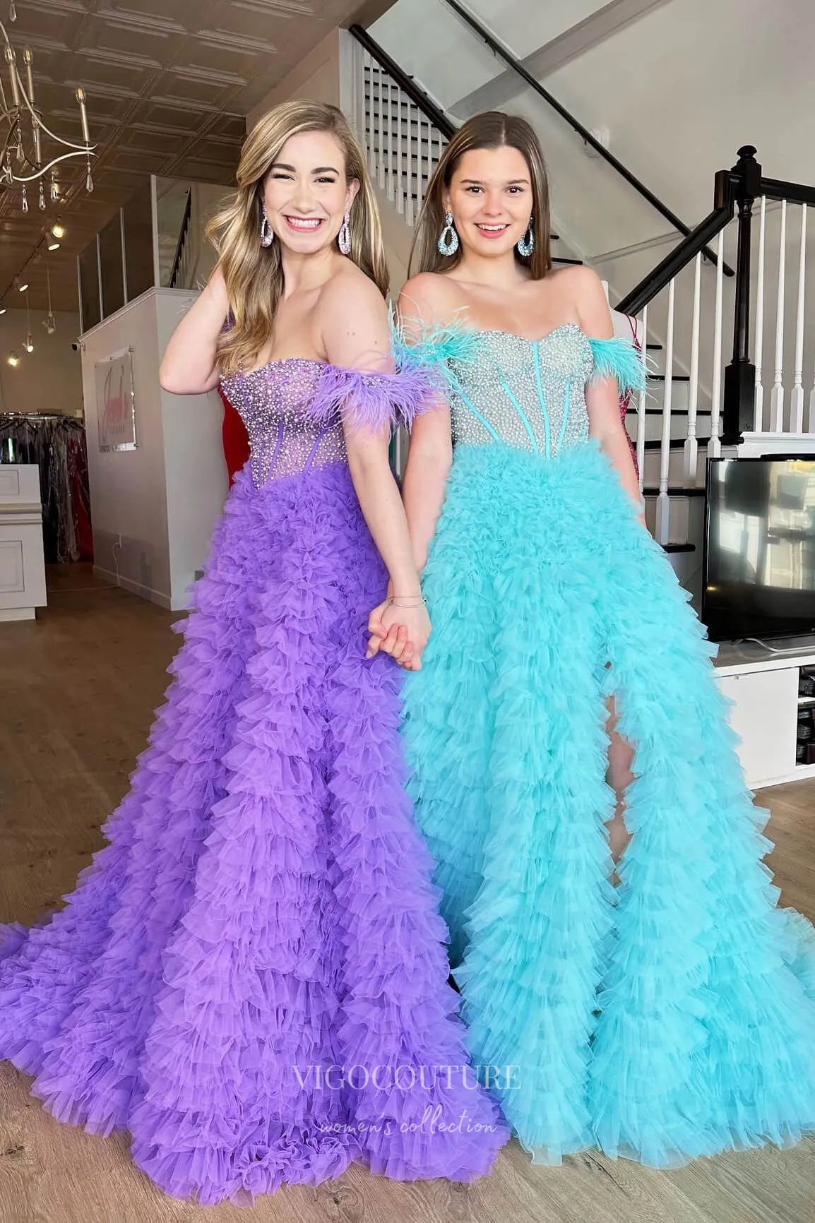 Beaded Ruffled Tulle Prom Dresses with Slit Off the Shoulder Formal Gown 22178