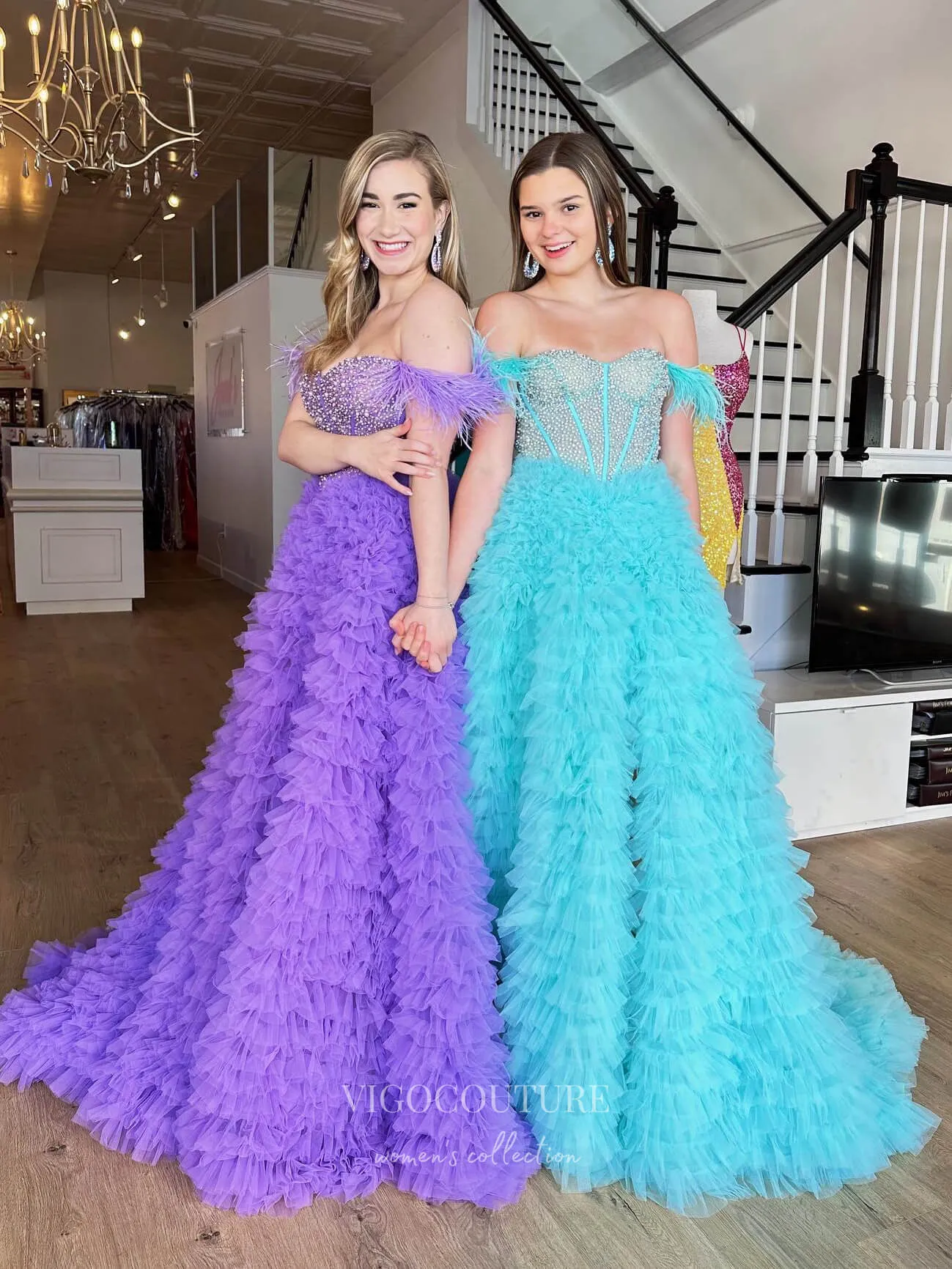 Beaded Ruffled Tulle Prom Dresses with Slit Off the Shoulder Formal Gown 22178