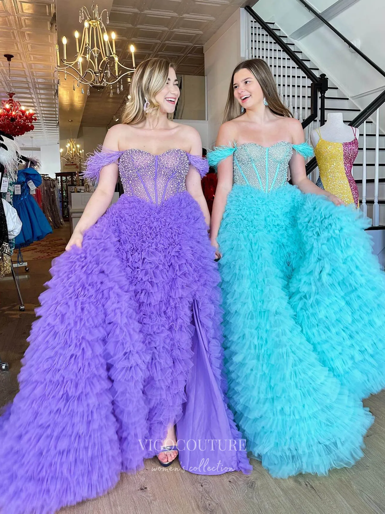 Beaded Ruffled Tulle Prom Dresses with Slit Off the Shoulder Formal Gown 22178