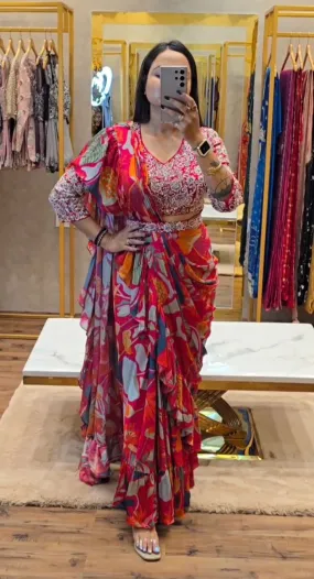 Beautiful Designer Party Wear Pure Georgette Ruffle Saree