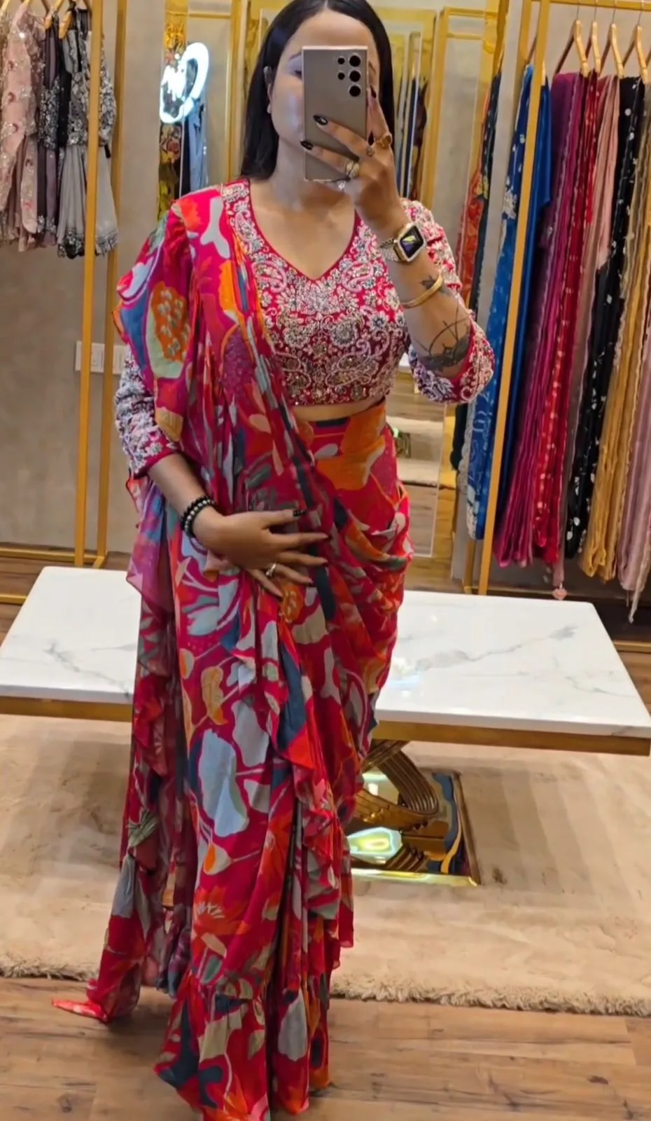 Beautiful Designer Party Wear Pure Georgette Ruffle Saree
