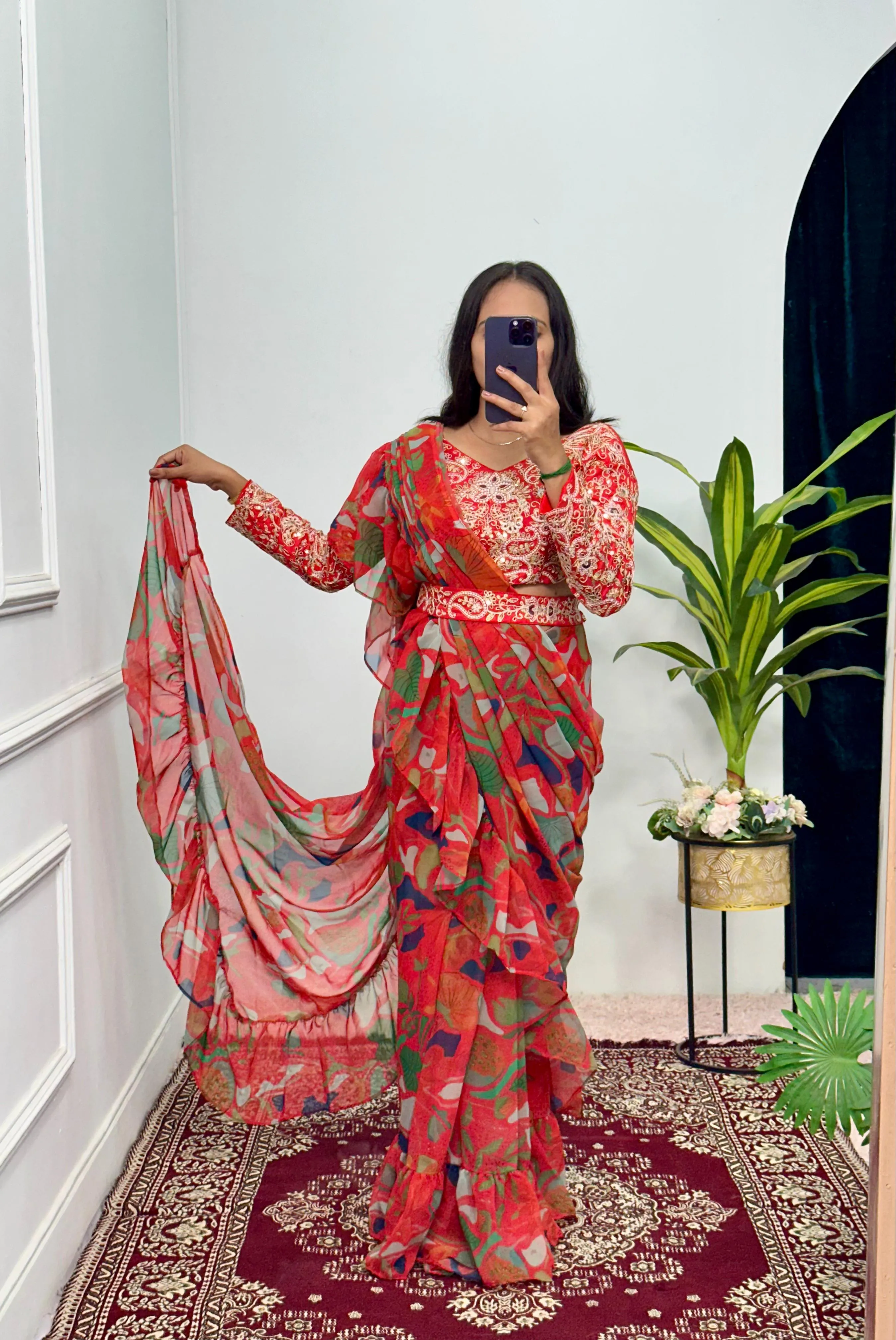 Beautiful Designer Party Wear Pure Georgette Ruffle Saree