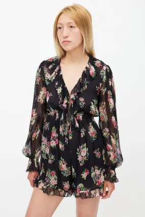 Black & Multi Silk Honour Floating Floral Romper