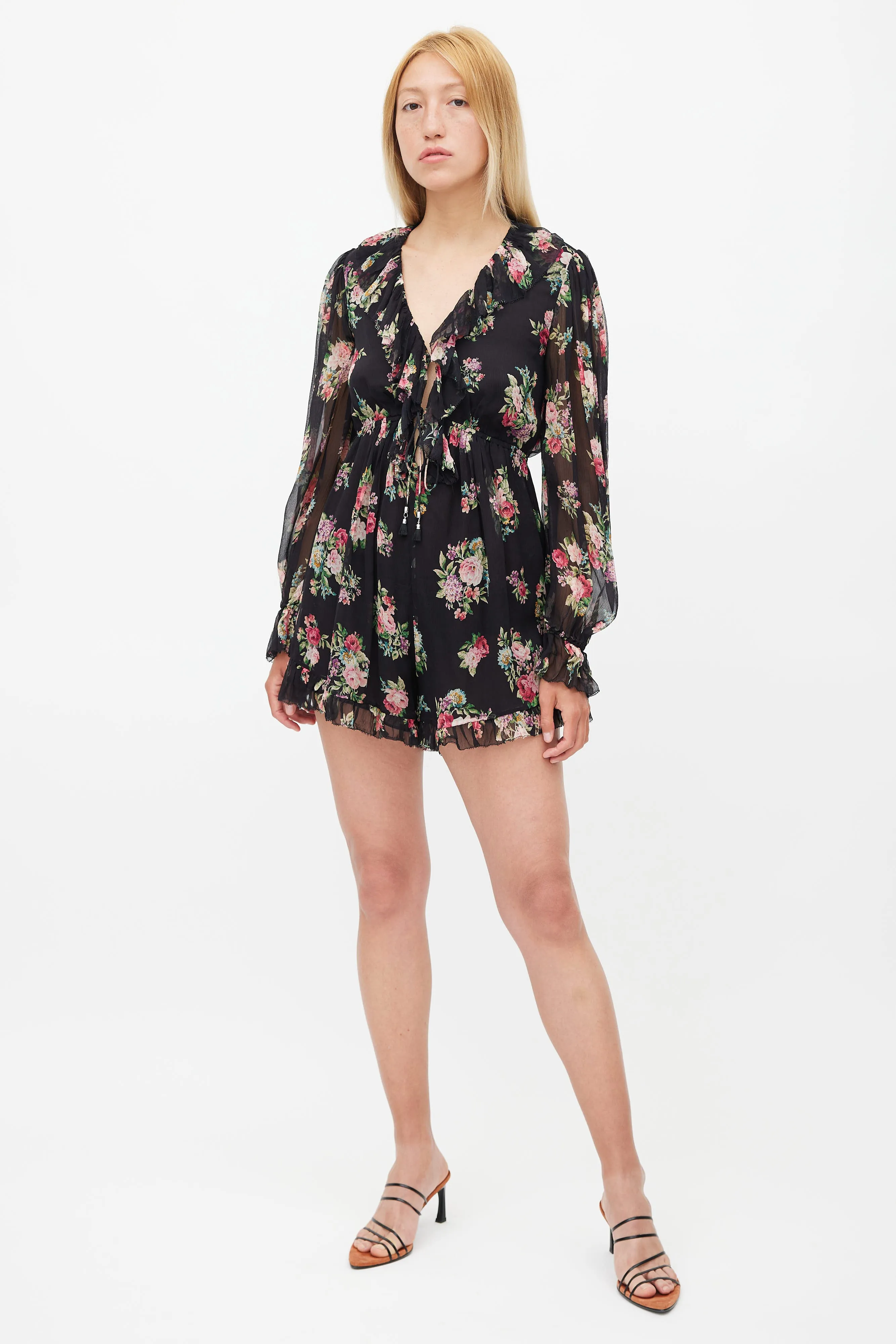 Black & Multi Silk Honour Floating Floral Romper