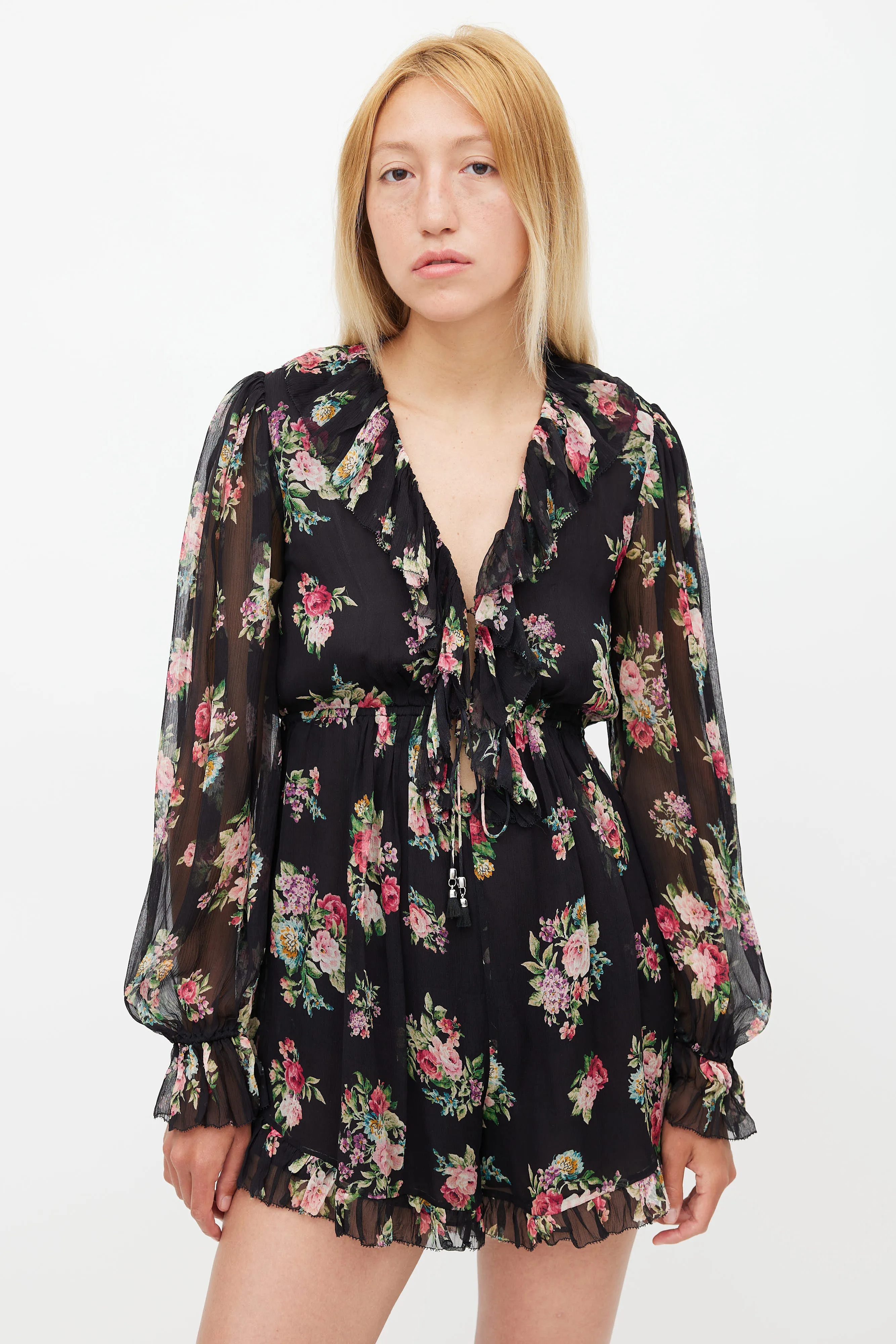 Black & Multi Silk Honour Floating Floral Romper