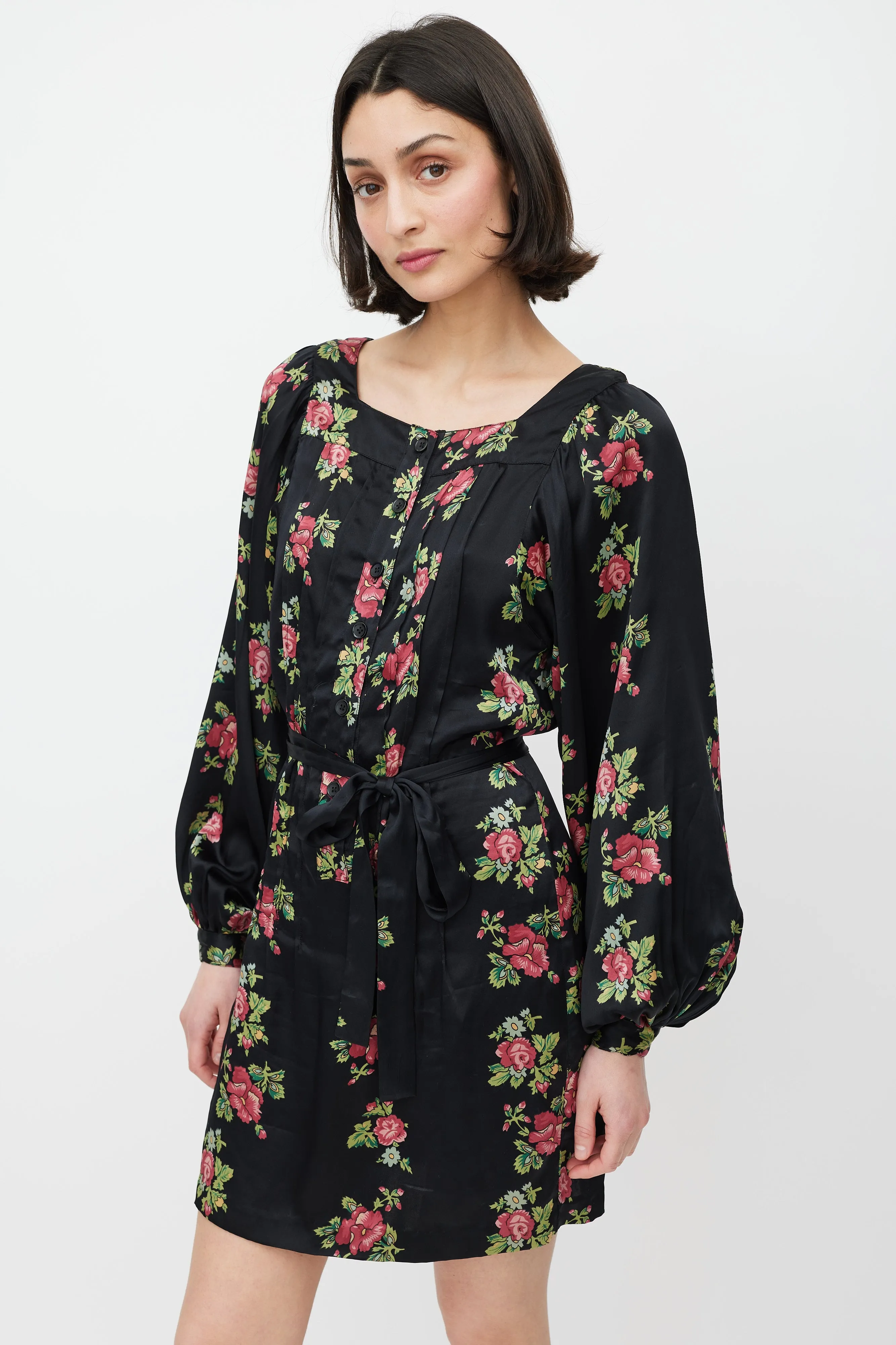 Black & Multicolour Floral Silk Tie Waist Dress