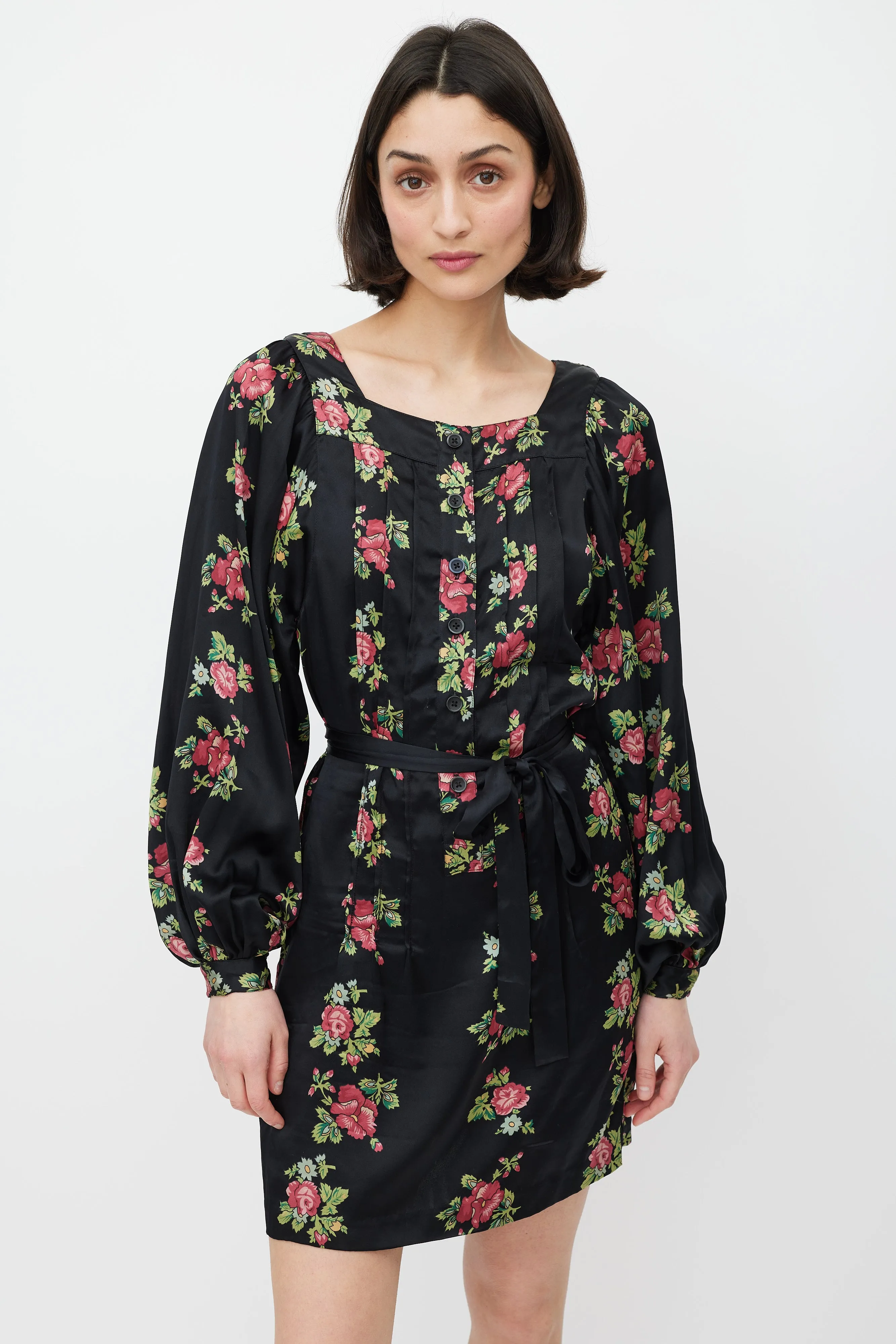 Black & Multicolour Floral Silk Tie Waist Dress