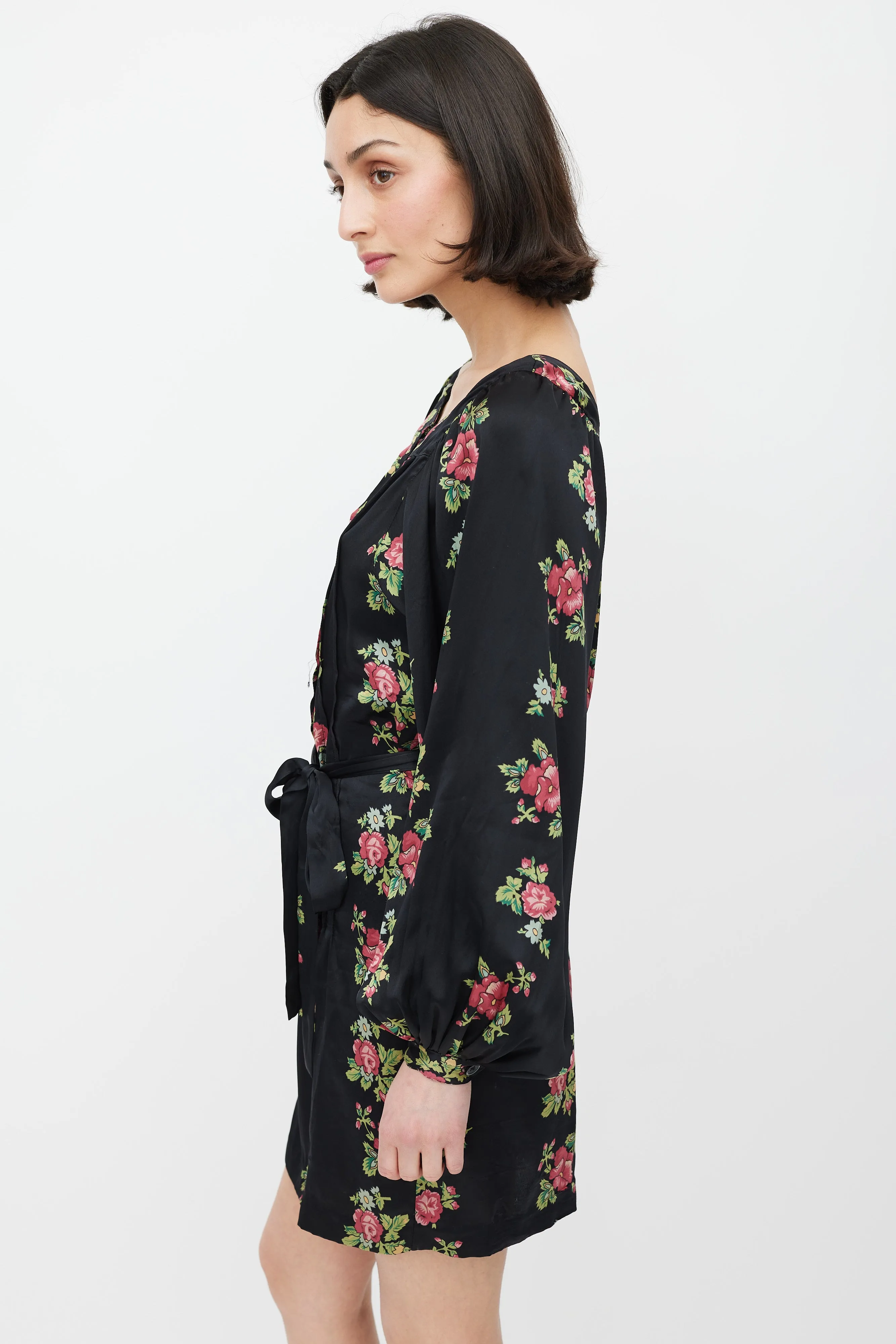 Black & Multicolour Floral Silk Tie Waist Dress