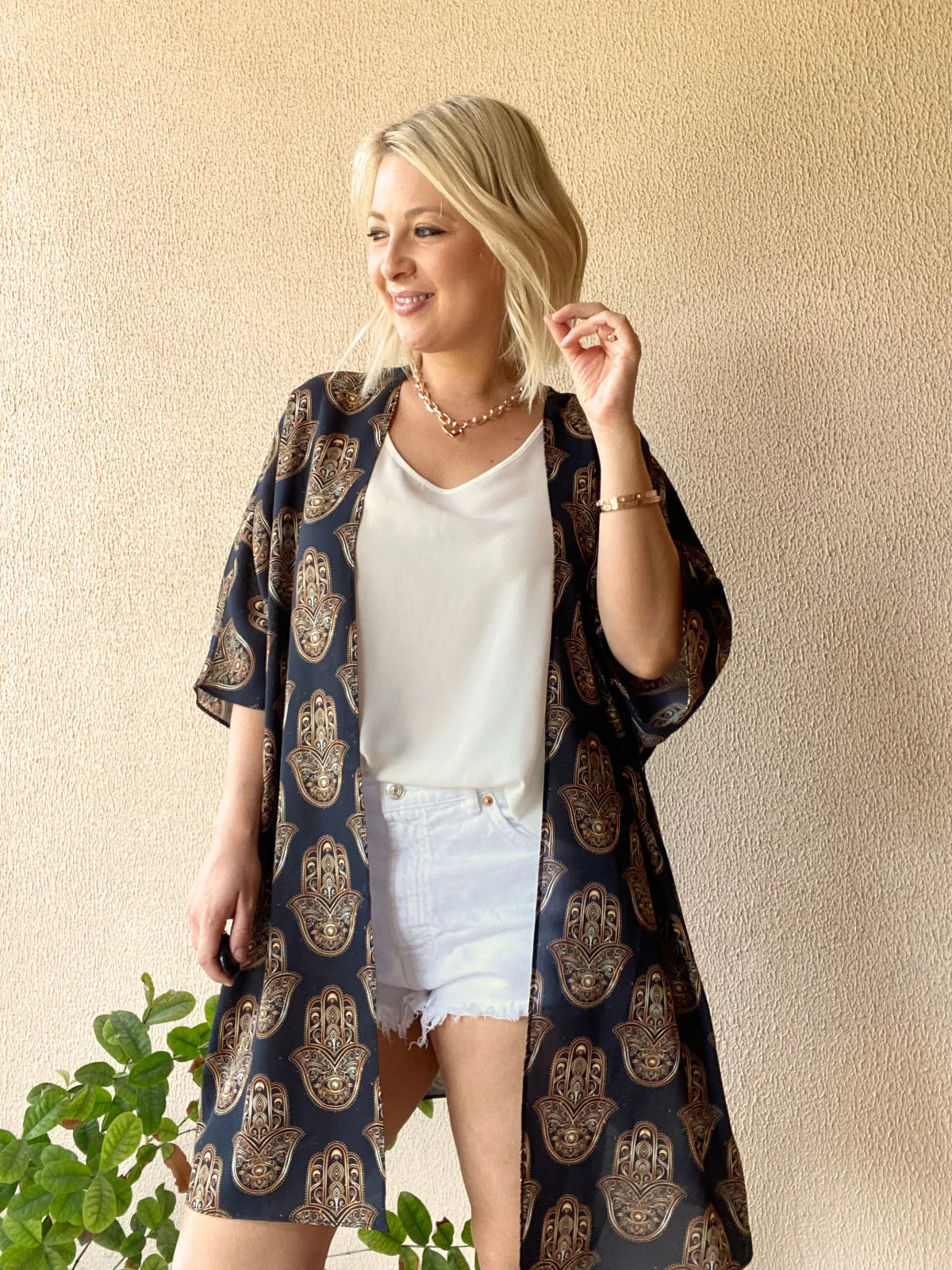 Black and gold hamsa hand Kimono - 3 Lengths