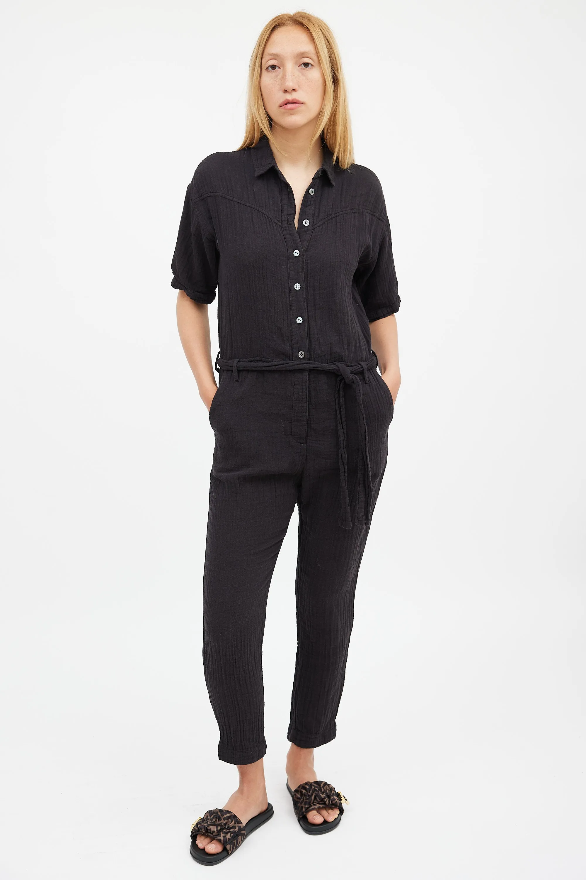 Black Muslin Belted Jumpsuit