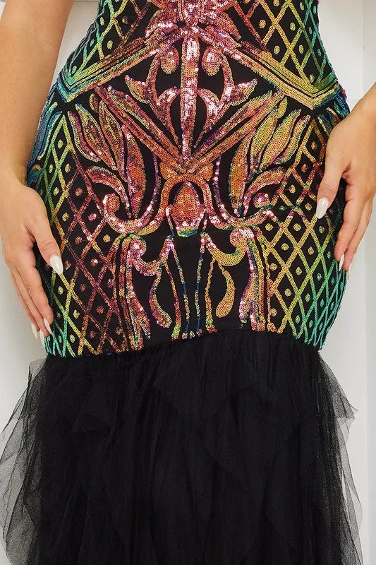 Black/Iridescent Baroque Print Contrast Bottom Maxi Dress