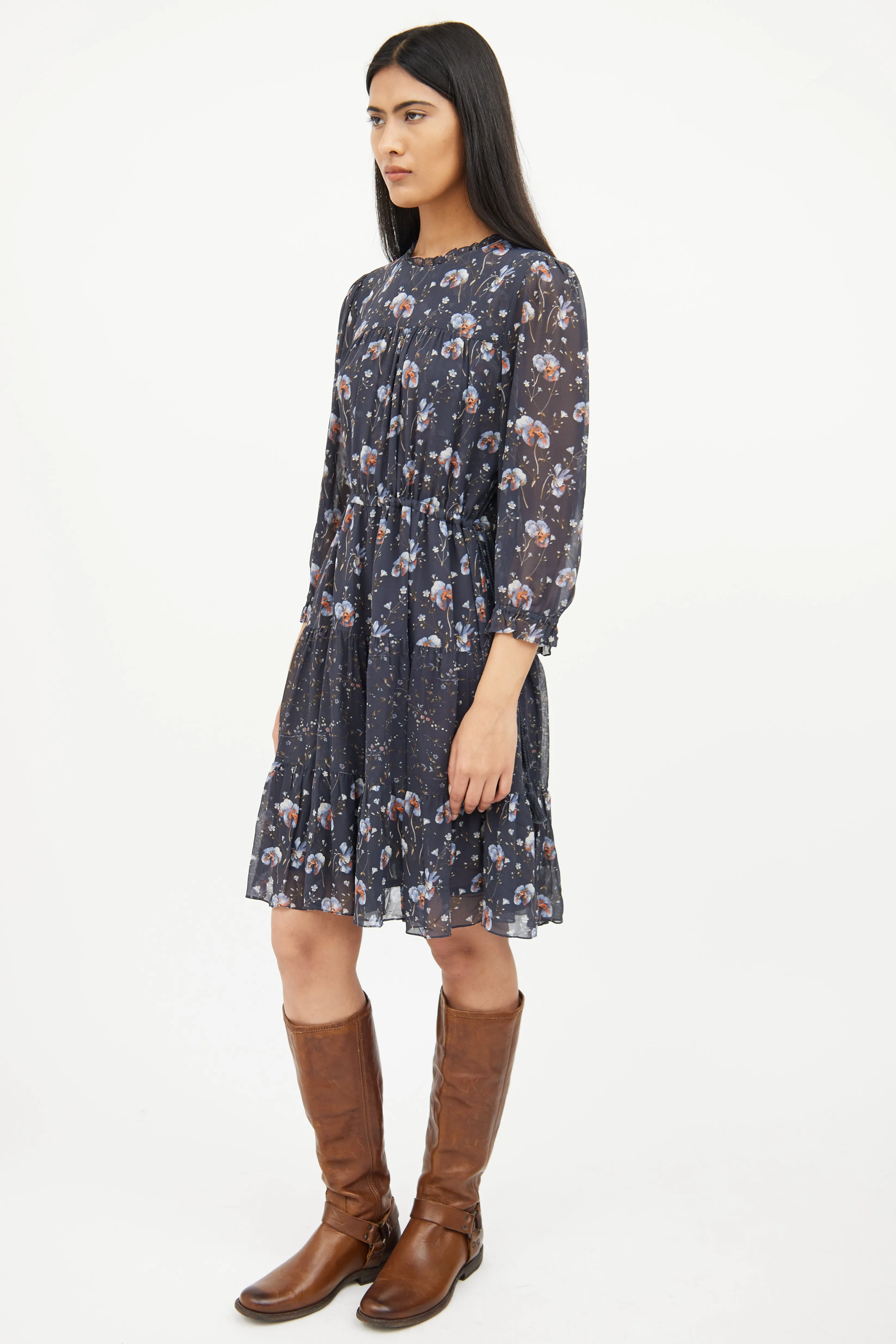 Blue & Orange Floral Silk Dress