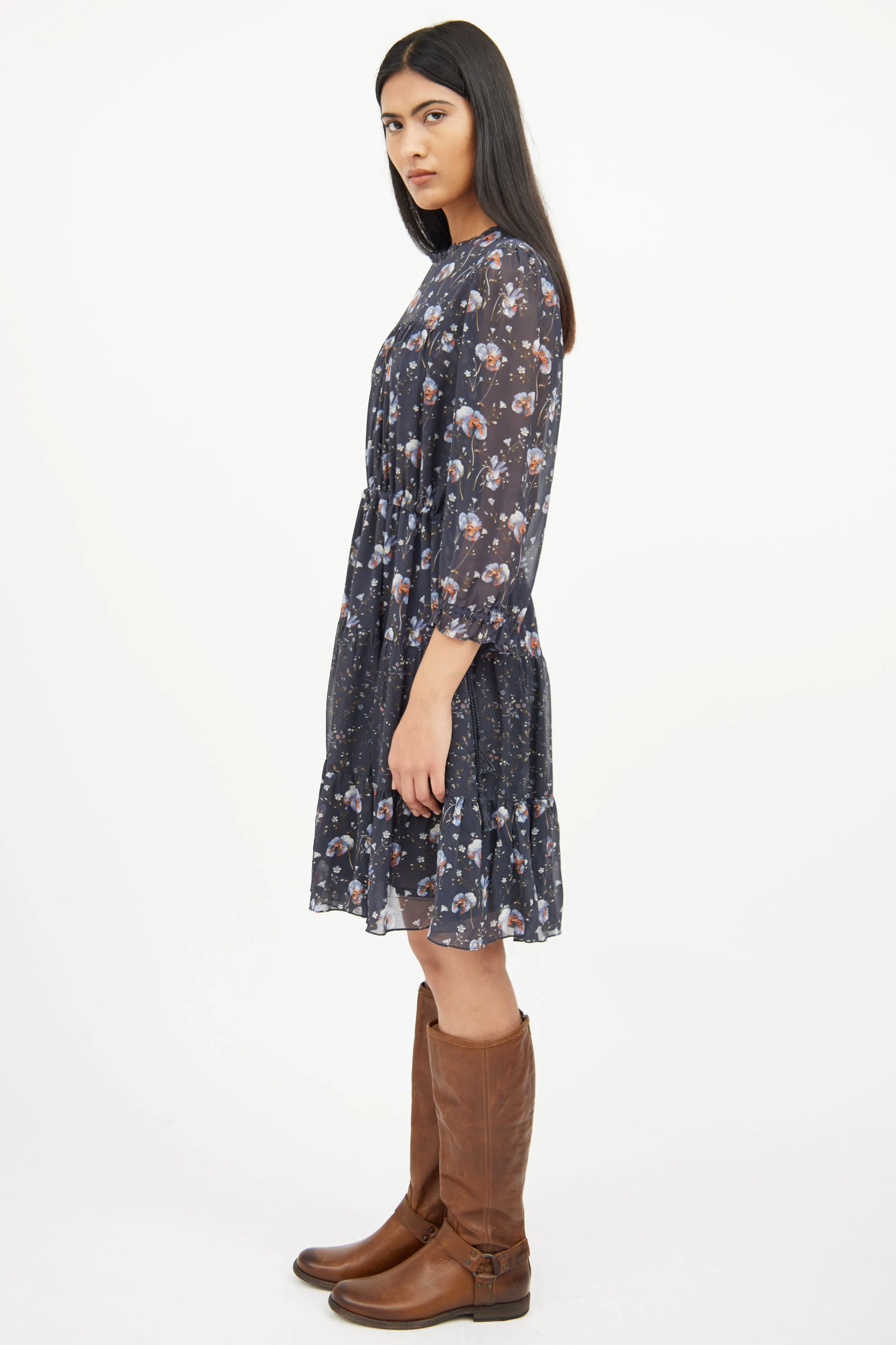 Blue & Orange Floral Silk Dress
