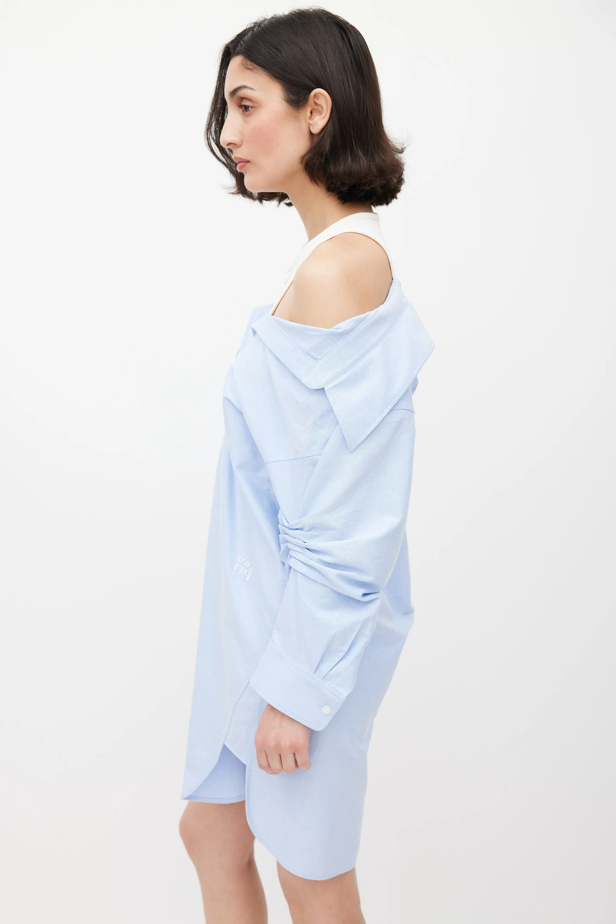 Blue & White Off Shoulder Layered Shirt Dress
