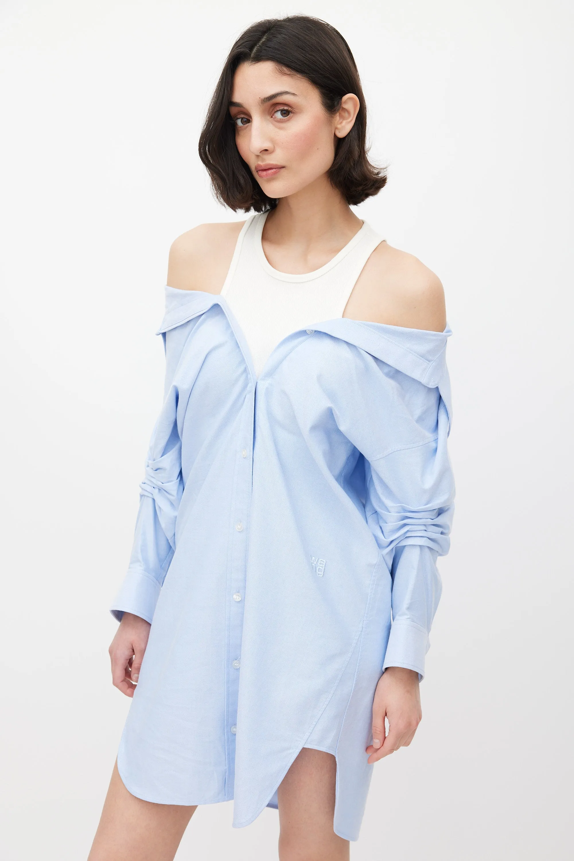 Blue & White Off Shoulder Layered Shirt Dress