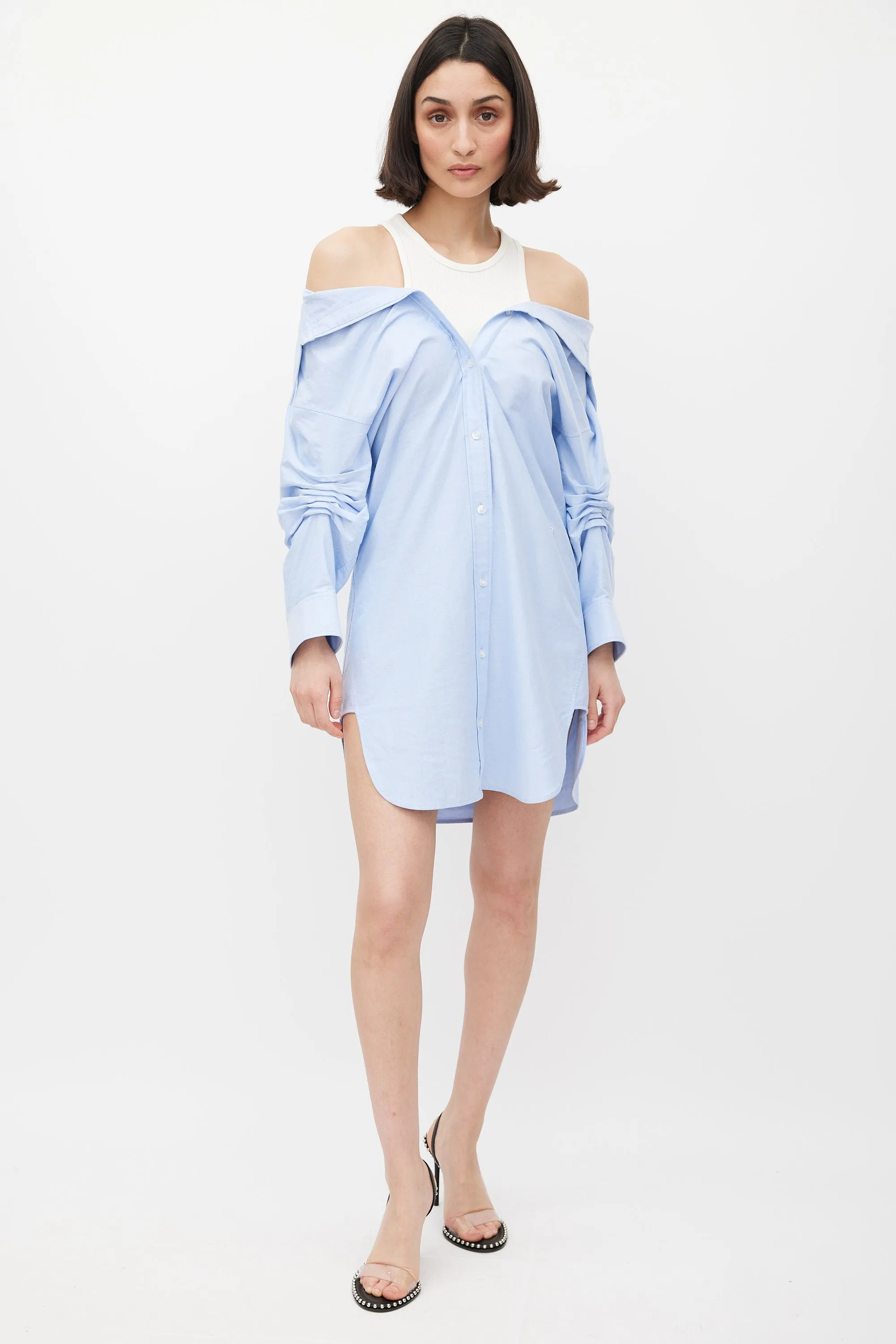 Blue & White Off Shoulder Layered Shirt Dress