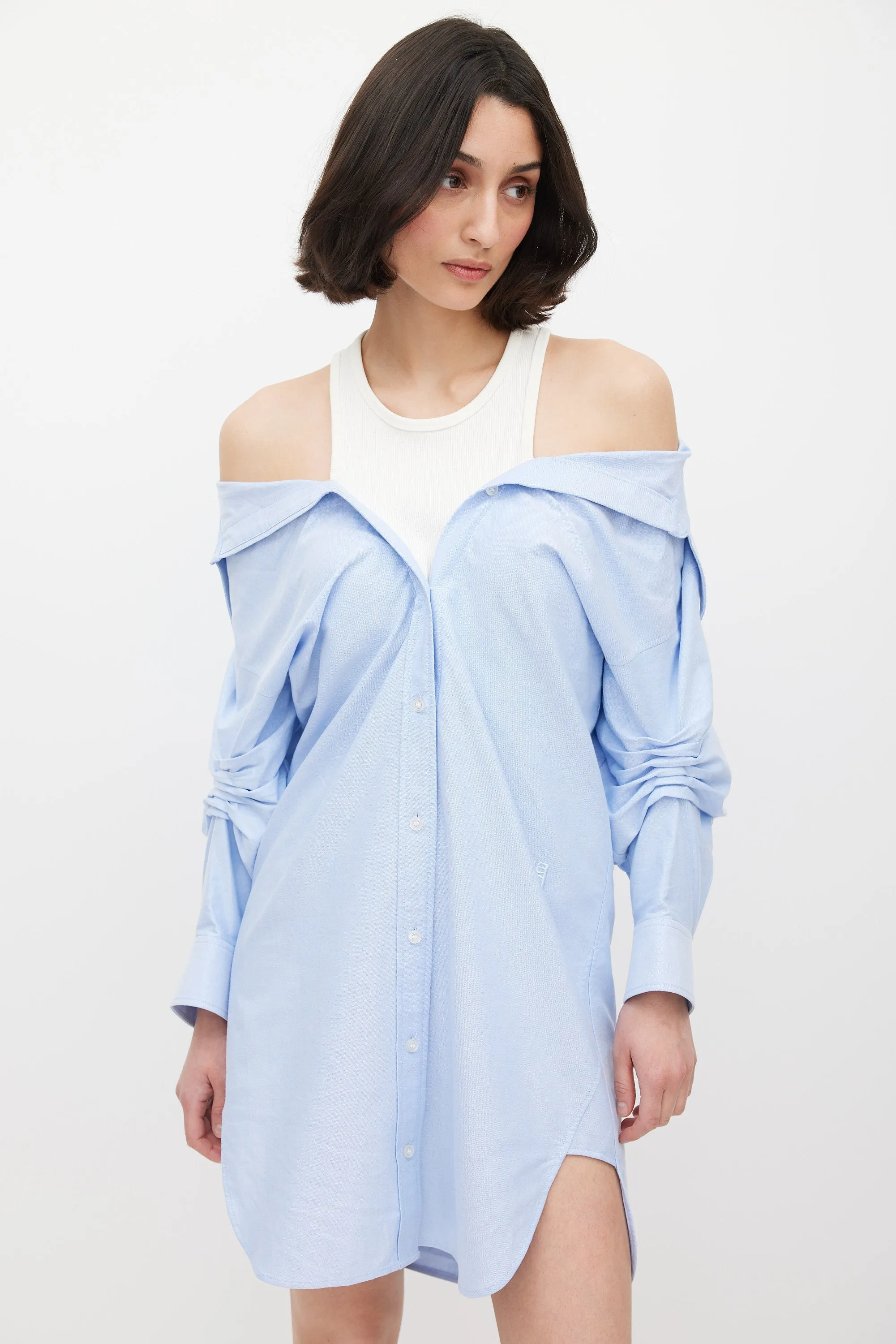 Blue & White Off Shoulder Layered Shirt Dress
