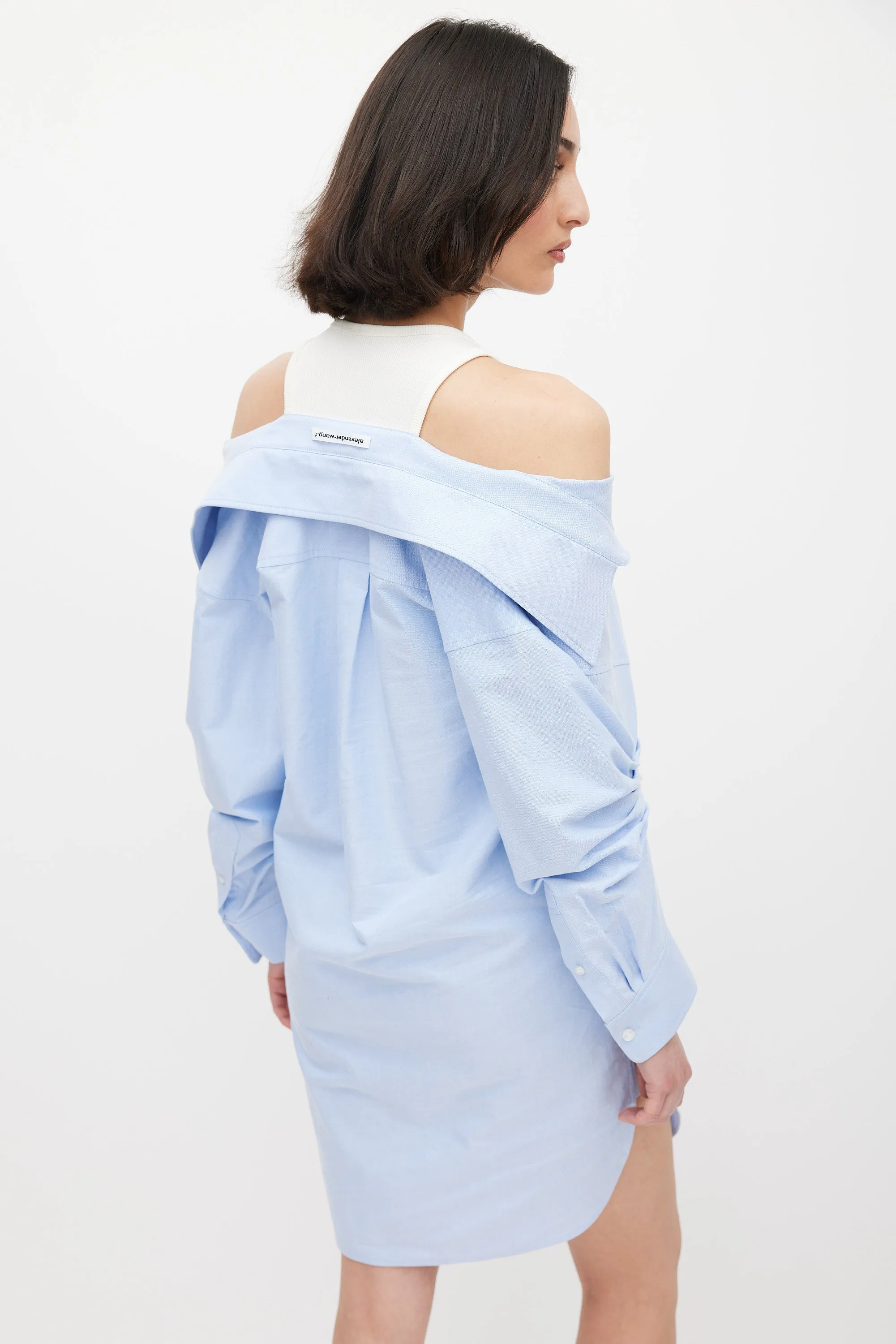 Blue & White Off Shoulder Layered Shirt Dress
