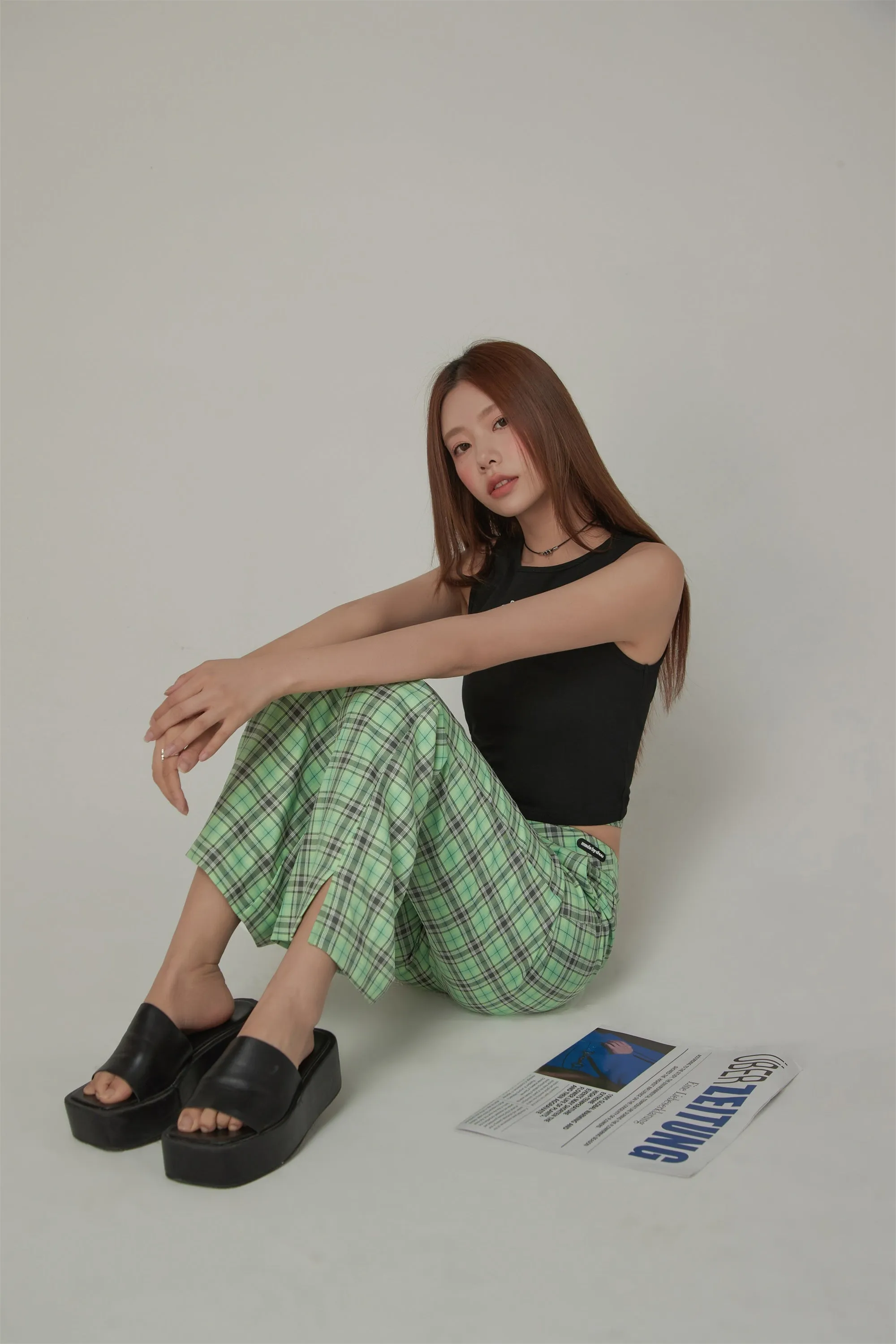 Color Checked Tie Waist Bootcut Pants