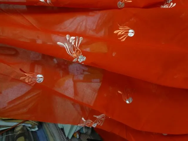COTTON VOILE FABRIC~EMBROIDERY-5 YARDS-44&quot;RED WIH METALLIC SILVER