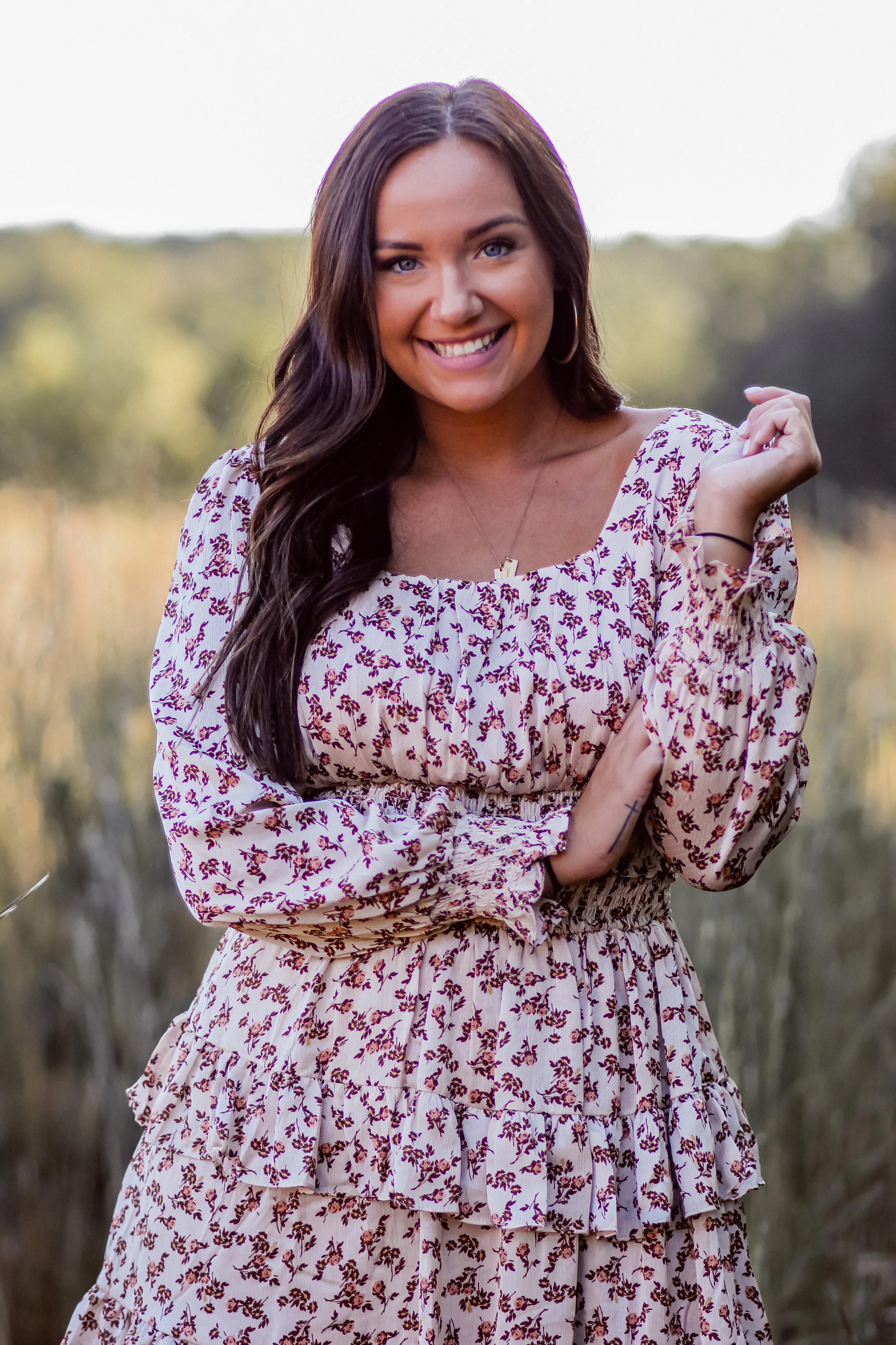Cream Floral Smocked Ruffle Detail Mini Dress