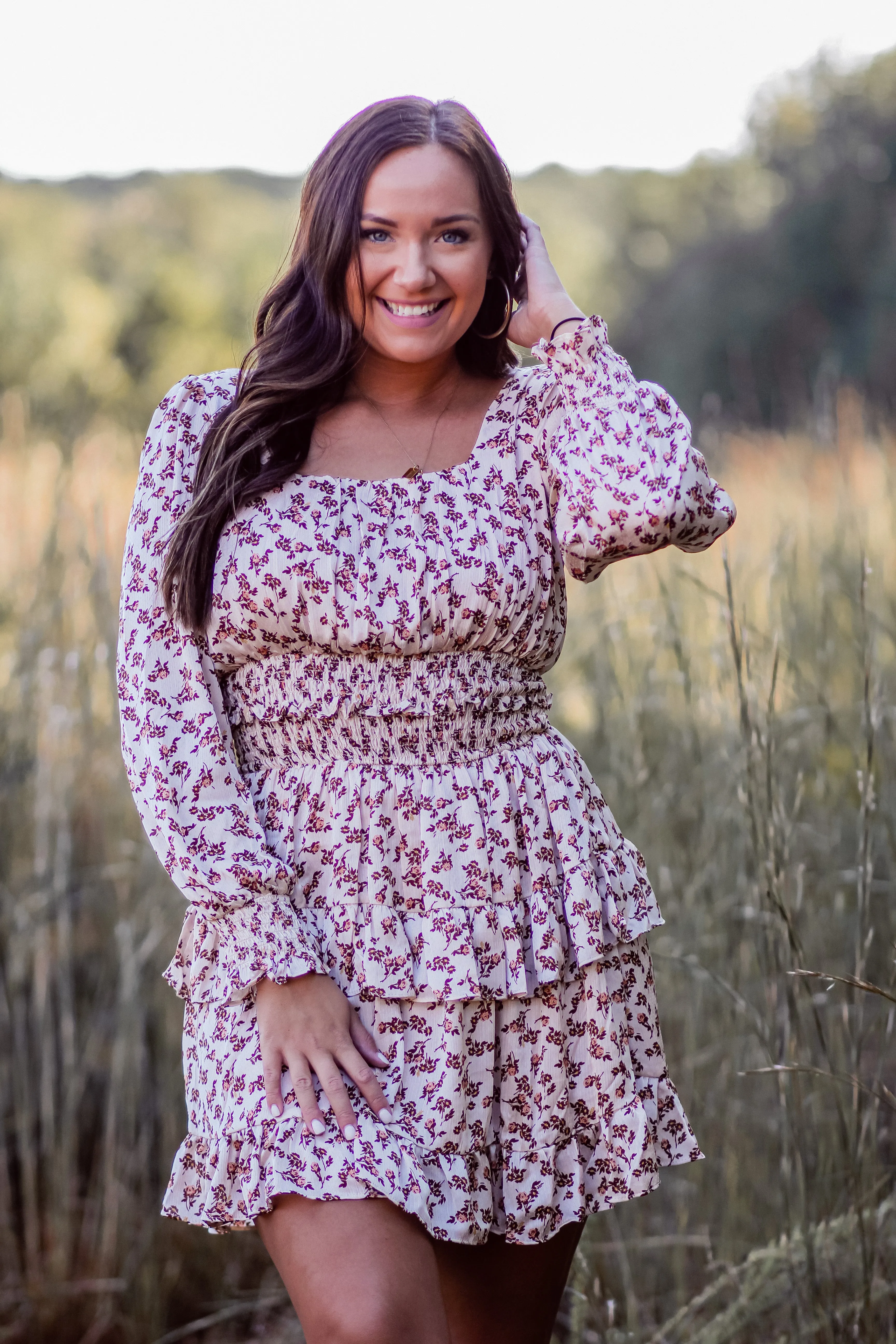Cream Floral Smocked Ruffle Detail Mini Dress