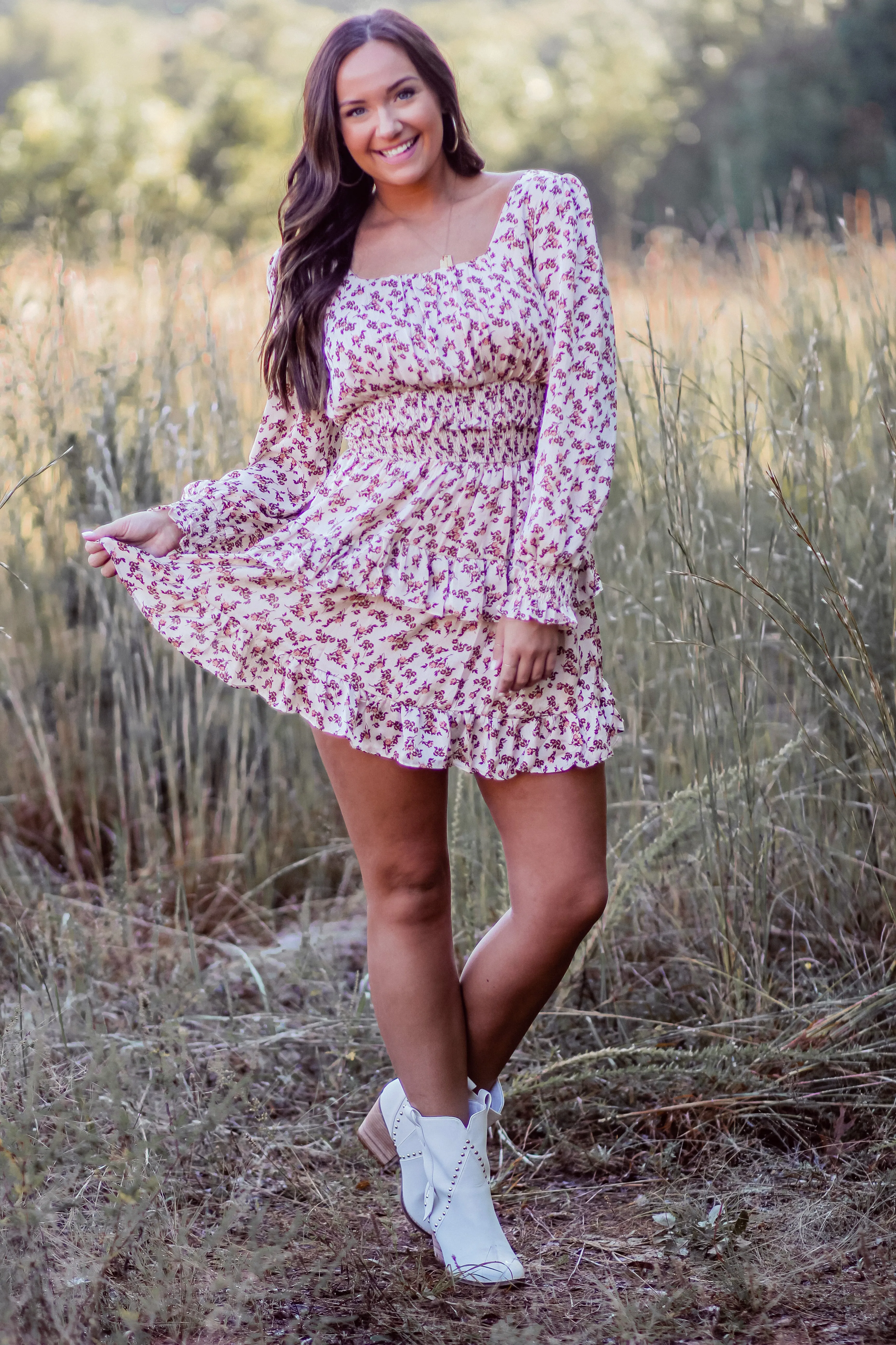 Cream Floral Smocked Ruffle Detail Mini Dress