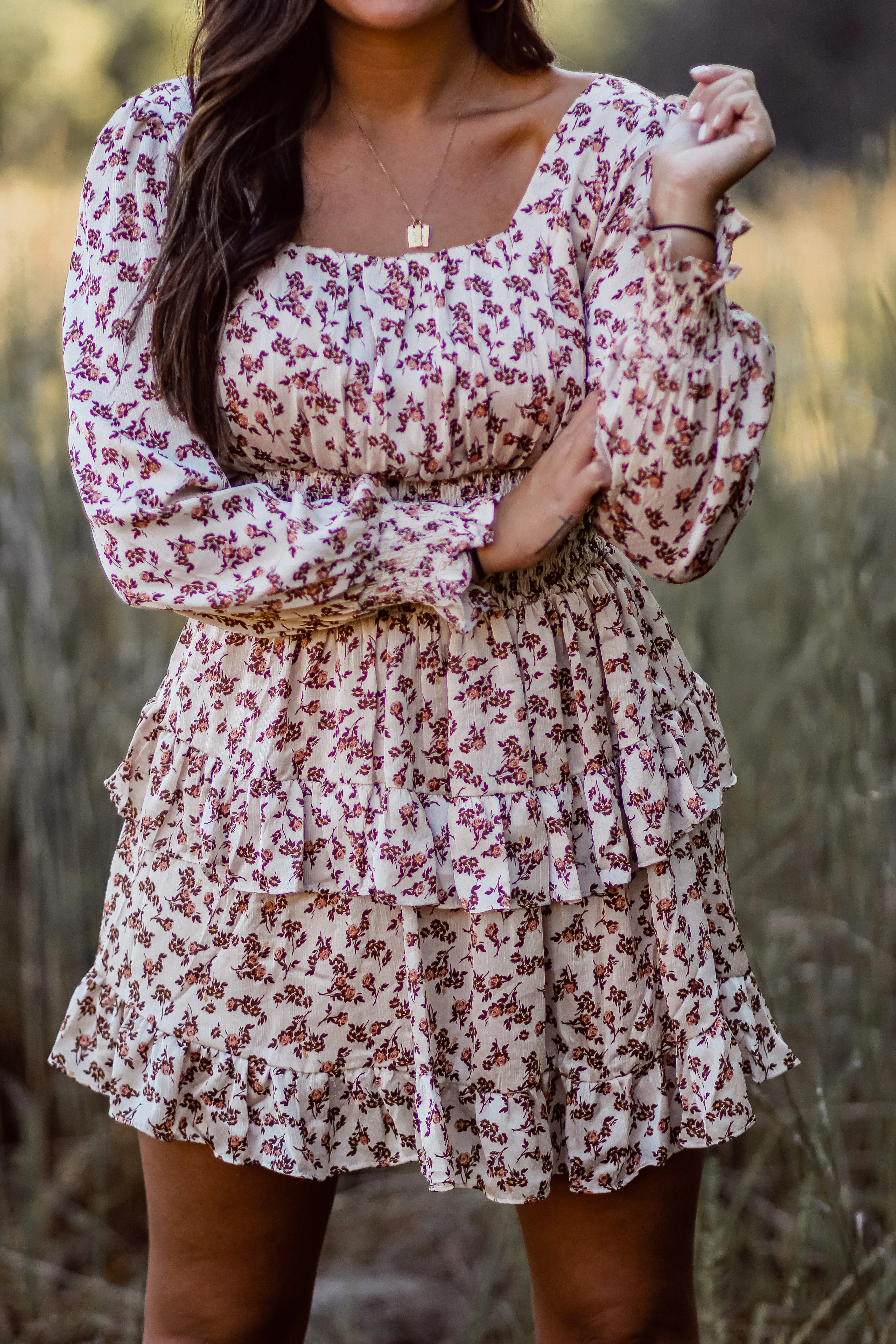 Cream Floral Smocked Ruffle Detail Mini Dress