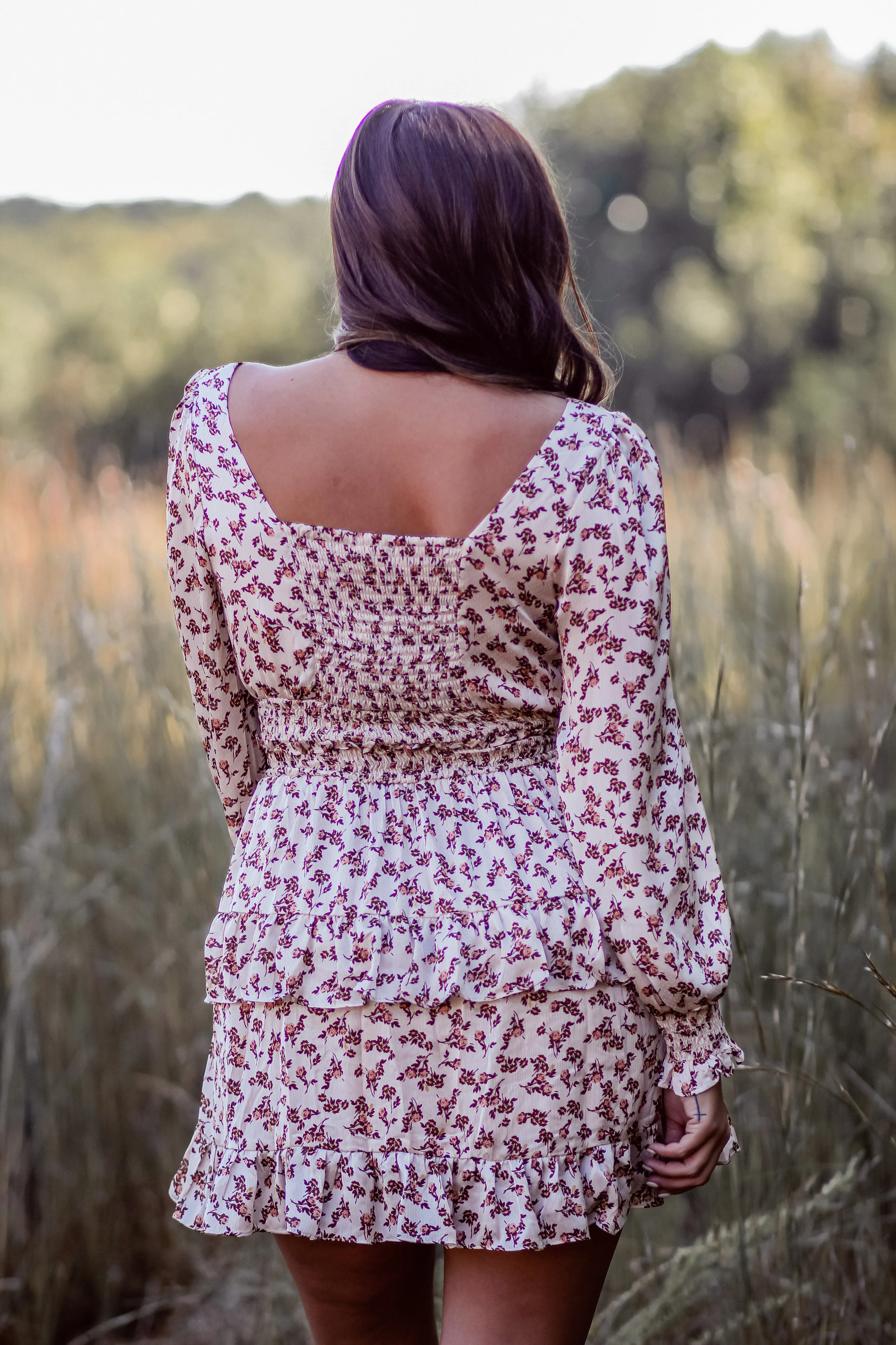 Cream Floral Smocked Ruffle Detail Mini Dress