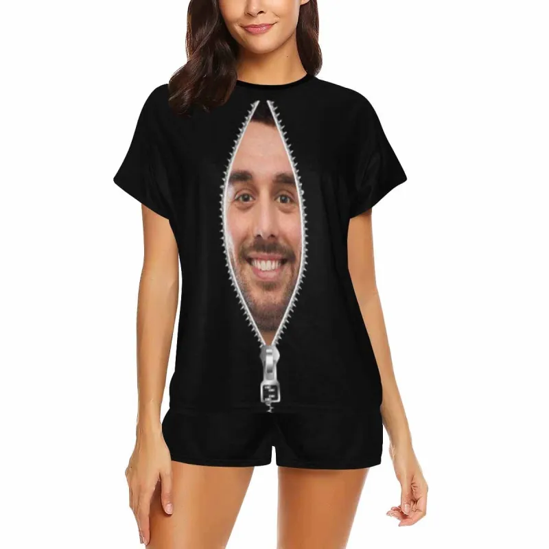 Custom Face Pajamas Set Black Zipper Sleepwear