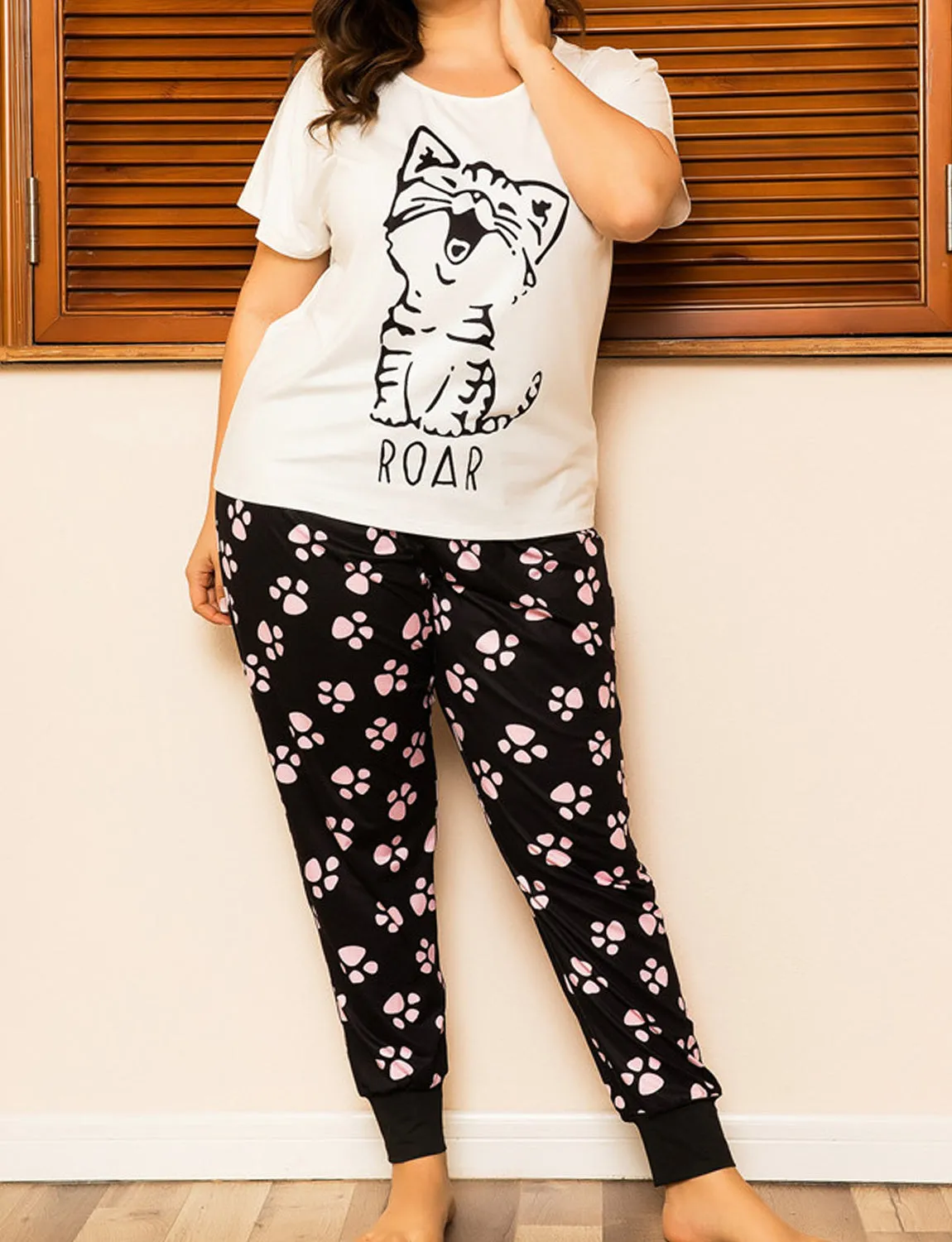 Cute Cat Print Plus Size Cotton Pajamas Set