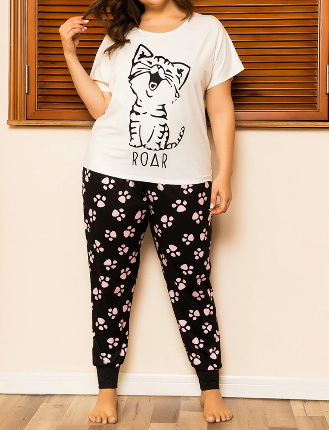 Cute Cat Print Plus Size Cotton Pajamas Set