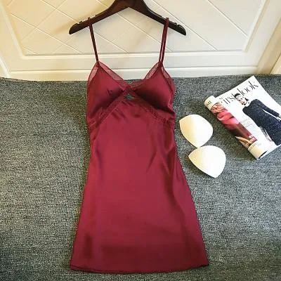 Daeyard Sexy Silk Lingeries Women Nightgown Sleeveless Push Up Night Dress Lace Trim Nightshirt  Nighty Sleepwear Home Clothes