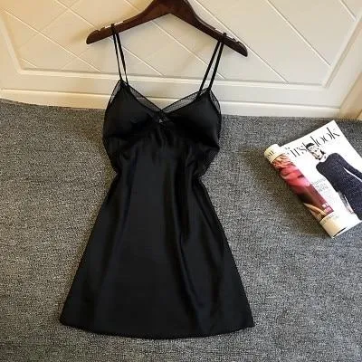 Daeyard Sexy Silk Lingeries Women Nightgown Sleeveless Push Up Night Dress Lace Trim Nightshirt  Nighty Sleepwear Home Clothes