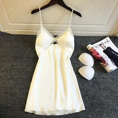 Daeyard Sexy Silk Lingeries Women Nightgown Sleeveless Push Up Night Dress Lace Trim Nightshirt  Nighty Sleepwear Home Clothes