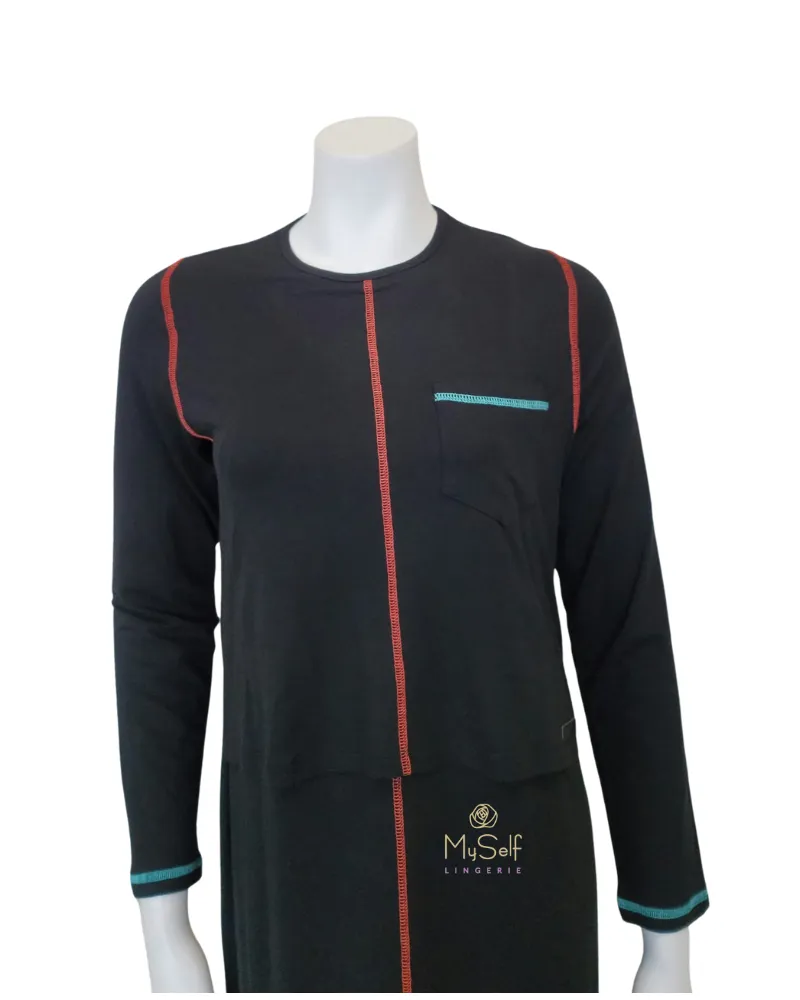 Ellwi Colored Stitching Black Cotton Nursing Nightgown