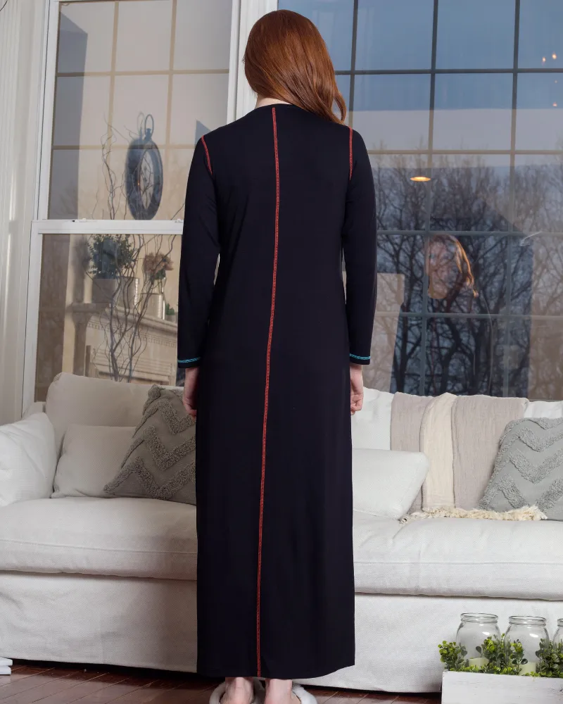 Ellwi Colored Stitching Black Cotton Nursing Nightgown