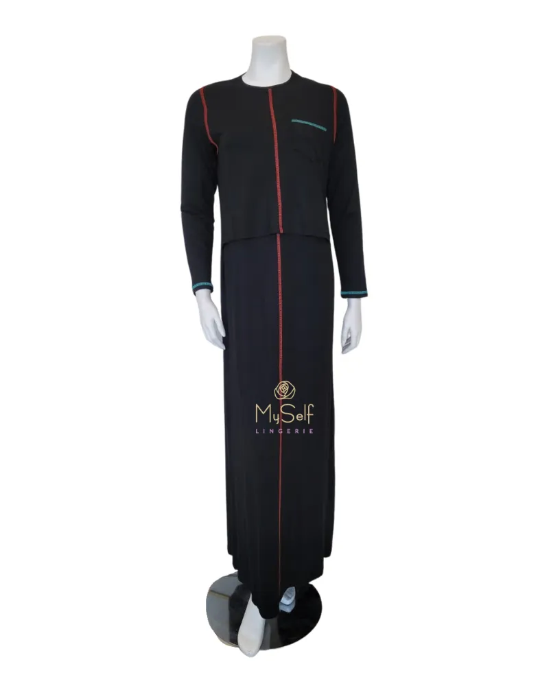 Ellwi Colored Stitching Black Cotton Nursing Nightgown