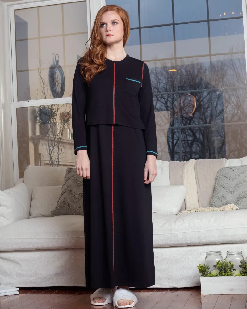 Ellwi Colored Stitching Black Cotton Nursing Nightgown