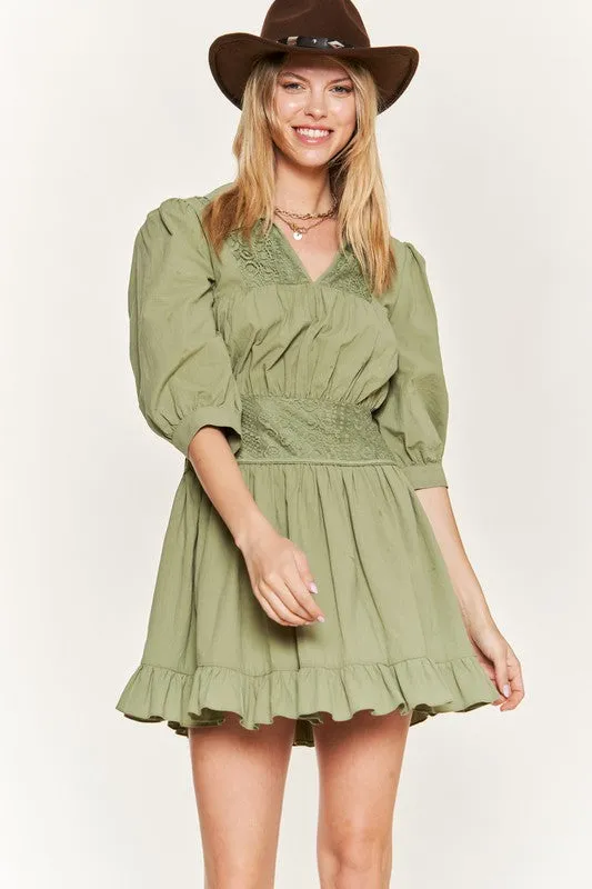 Eyelet V-Neck Short Dress with Ruffled Trim and 3/4 Sleeves