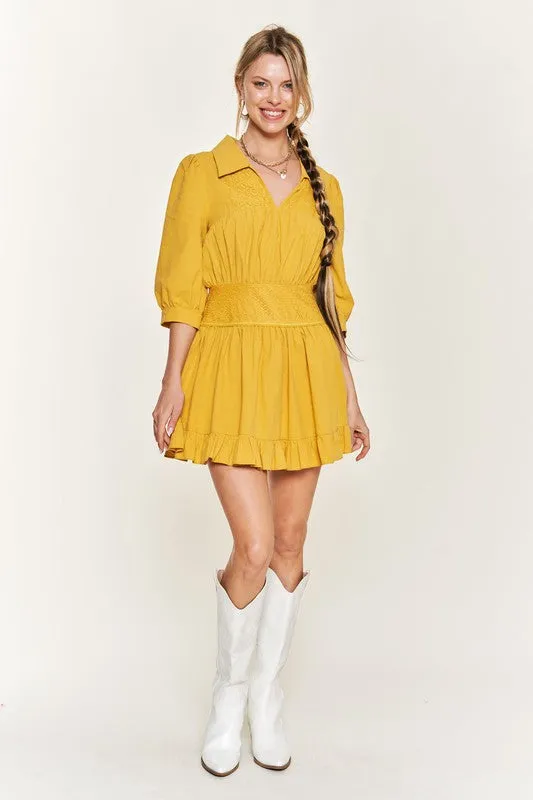 Eyelet V-Neck Short Dress with Ruffled Trim and 3/4 Sleeves