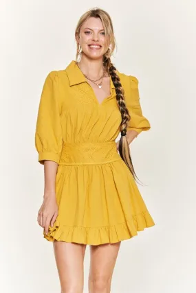 Eyelet V-Neck Short Dress with Ruffled Trim and 3/4 Sleeves