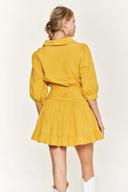 Eyelet V-Neck Short Dress with Ruffled Trim and 3/4 Sleeves