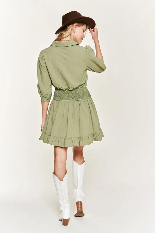 Eyelet V-Neck Short Dress with Ruffled Trim and 3/4 Sleeves